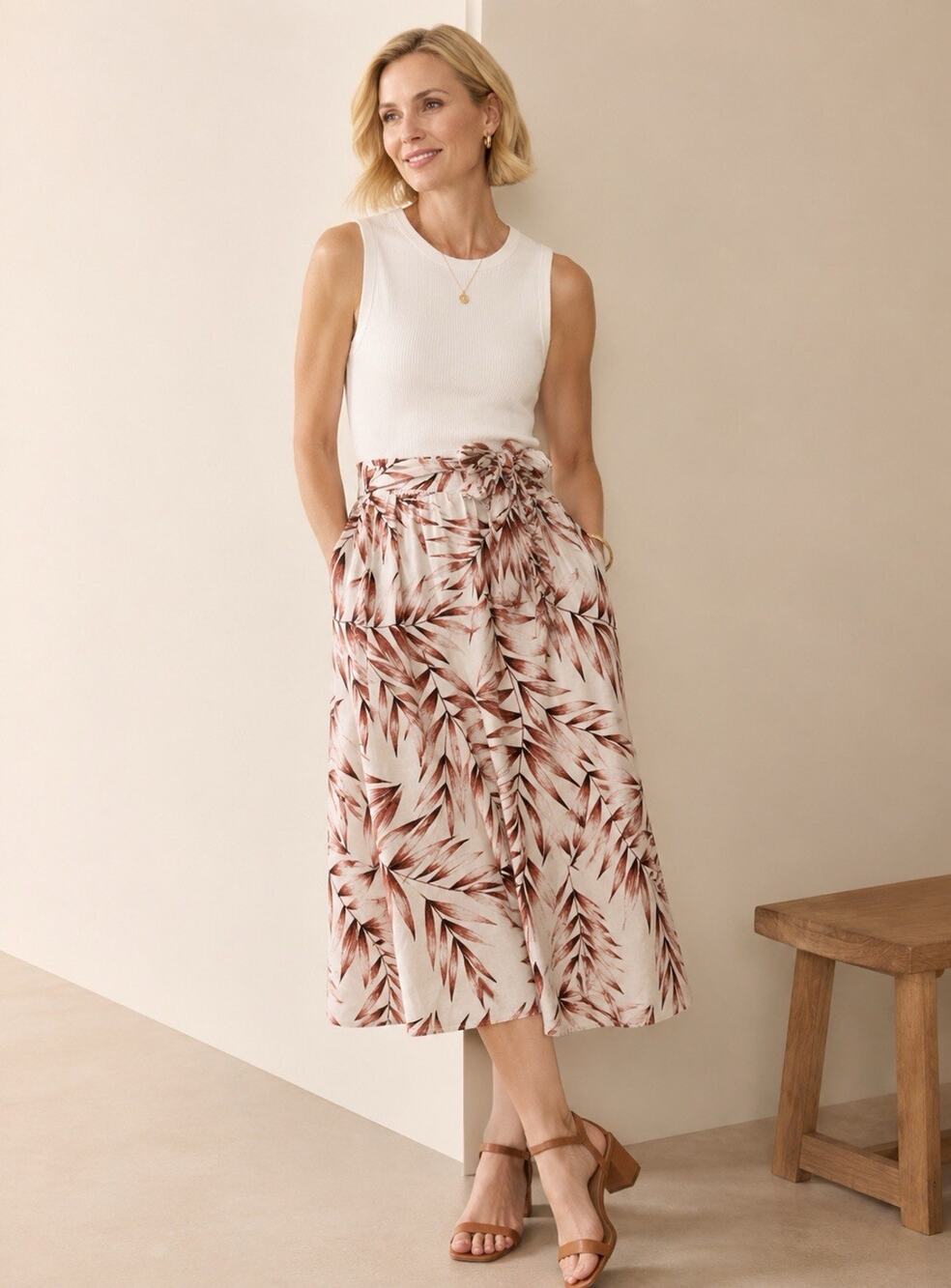 ANN TAYLOR Linen Blend Pearl Sand Tropical Leaf Print Tie Waist Midi Skirt Sz S - Picture 1 of 11
